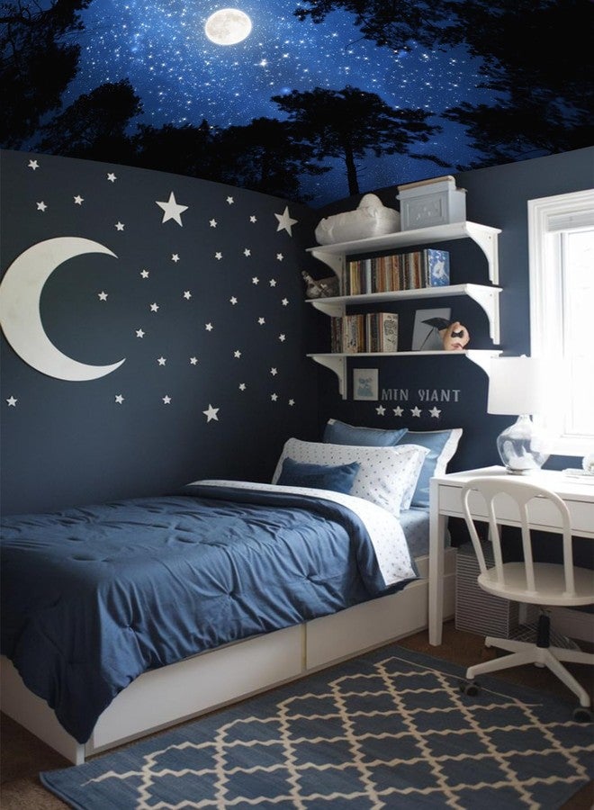 TUGCAY Forest Galaxy Starry Tapestry Blue Space Night Sky Stars Moon Ceiling Tapestry Nature Trees Tapestries Aesthetic Wall Hanging for Bedroom Dorm Living Room Office Decor 60x50 Inch - Image 5